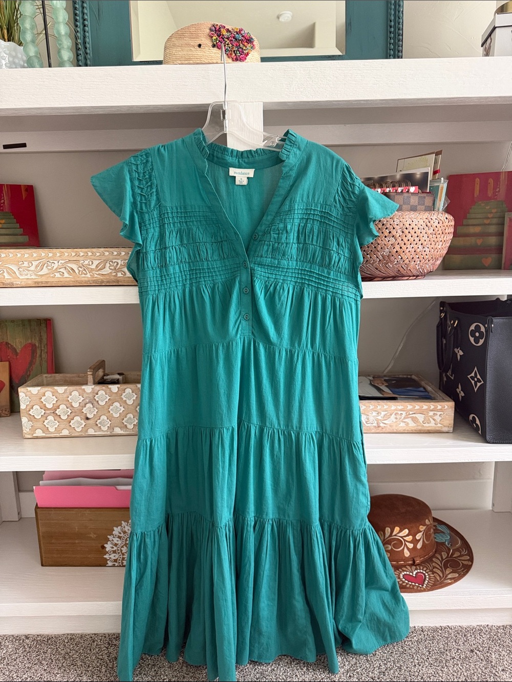 Sundance Teal Tiered Button-Front Maxi Dress. Unlined. Size Small.